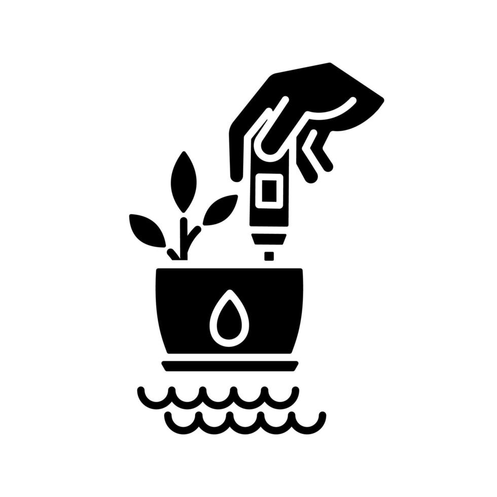 Water temperature measurement black glyph icon. Use water of room temperature. Watering plants. Thermometer. Silhouette symbol on white space. Solid pictogram. Vector isolated illustration