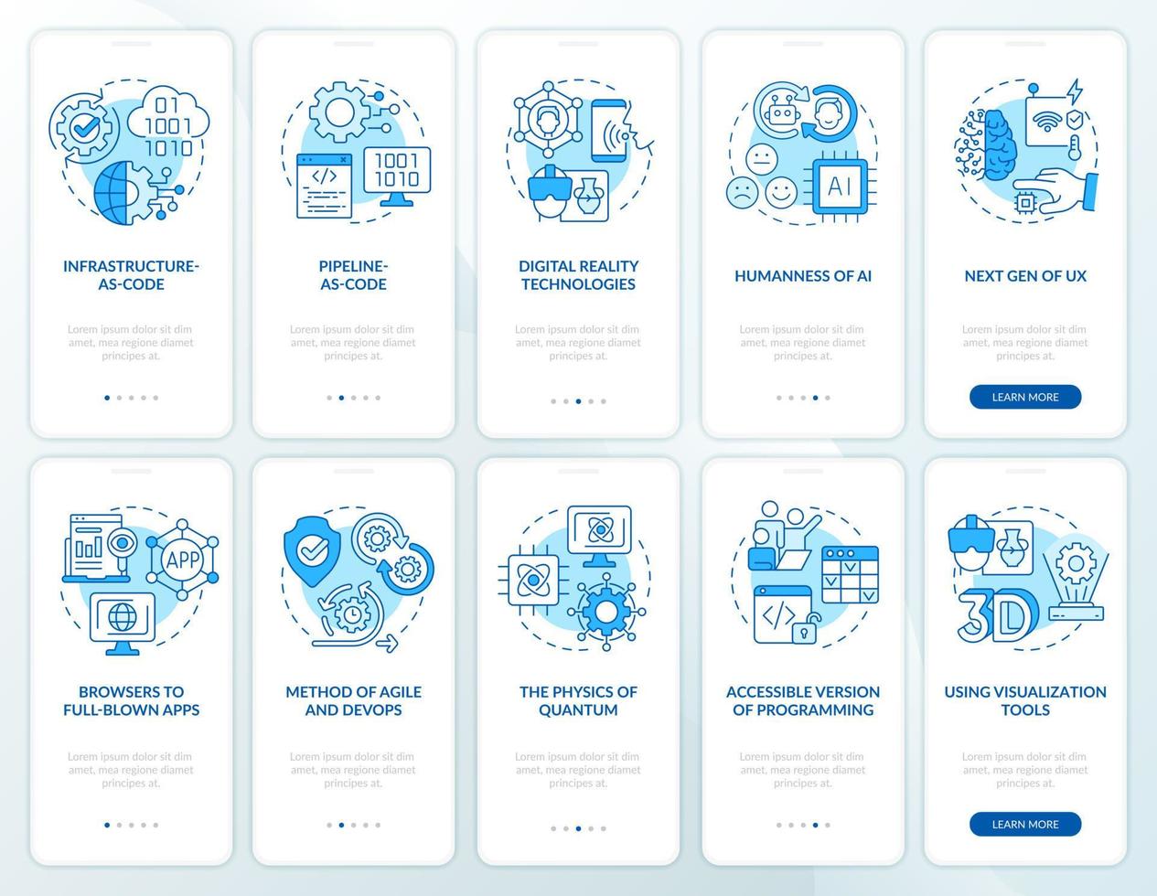 conjunto de pantalla de aplicación móvil de incorporación de tendencias macro azul. guía de tendencias 5 pasos páginas de instrucciones gráficas con conceptos lineales. interfaz de usuario, ux, plantilla de interfaz gráfica de usuario. vector