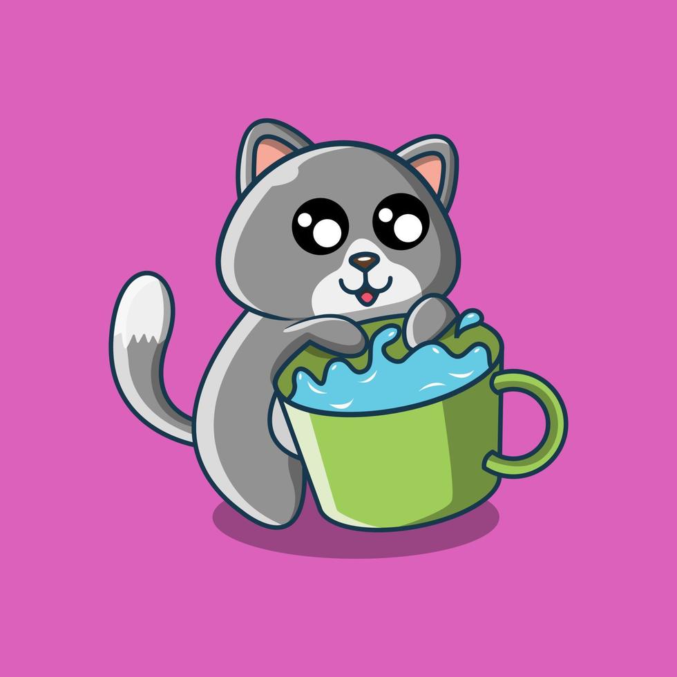 ilustración de un gatito gris jugando con agua en un vaso vector