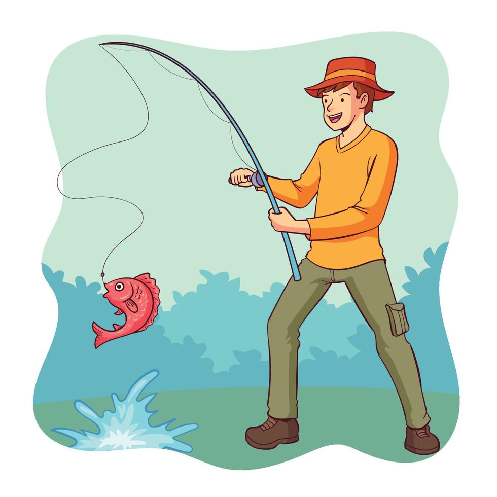 hand drawn angler catching fish vector