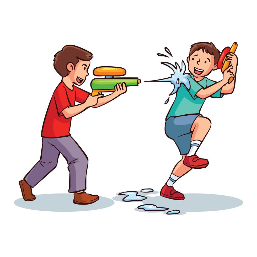 hand drawn kids play with water gun vector