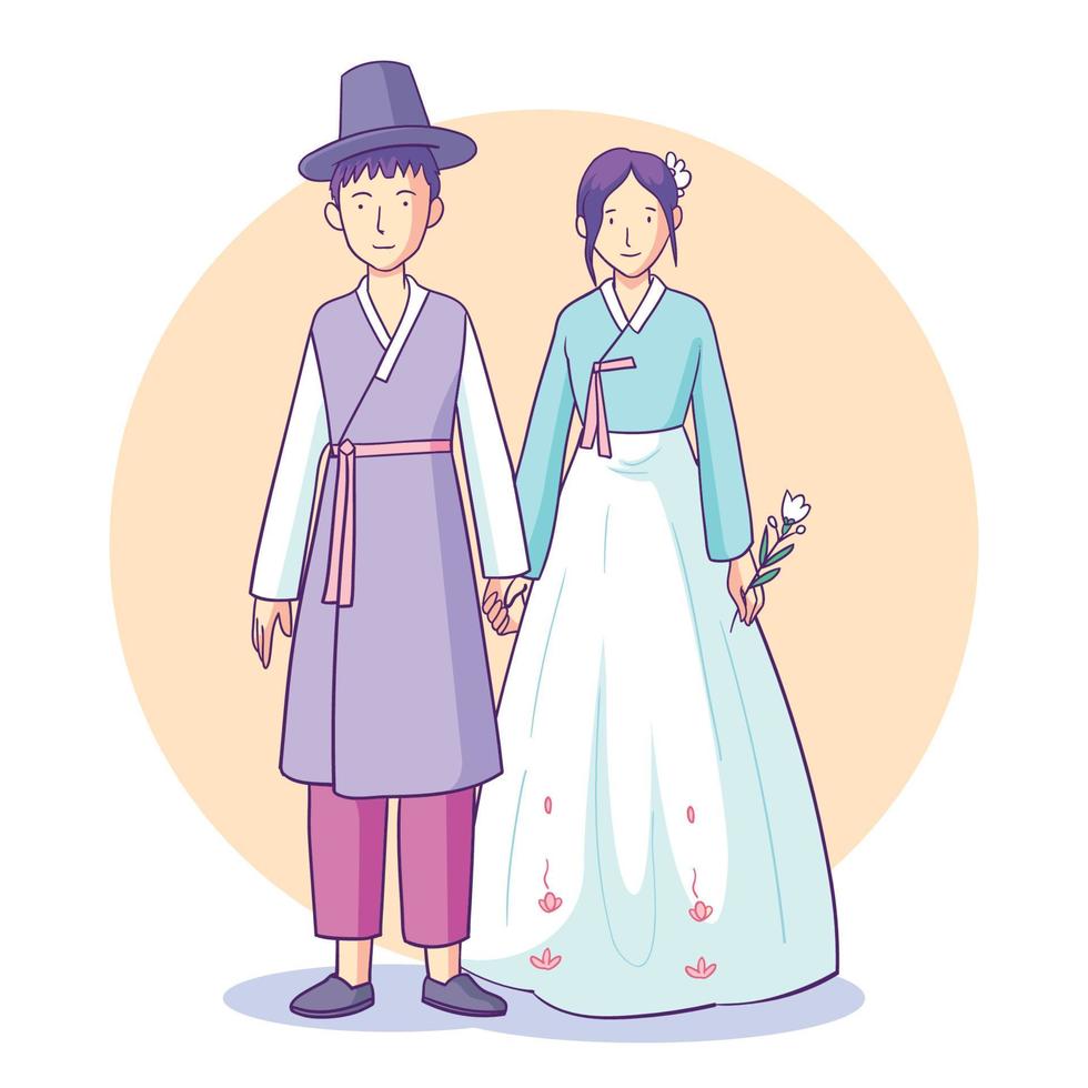 hand drawn couple wearing hanbok vector