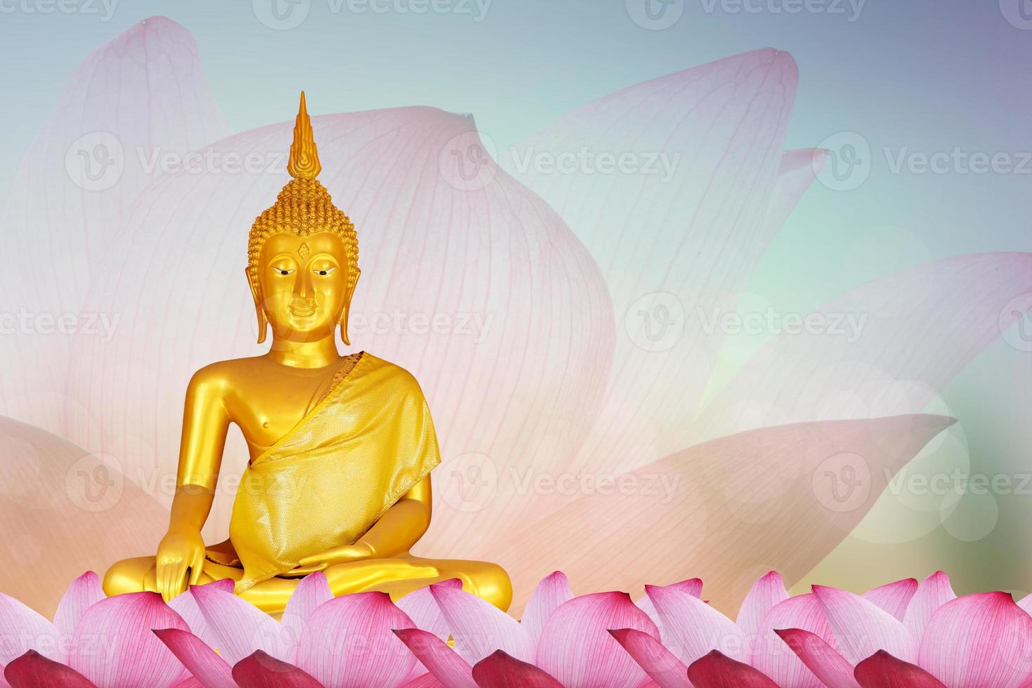 Buddha statue. background blurred flowers and sky with the light of the sun.Makha Bucha Day.Vesak Day.Asanha Bucha.Buddhist Lent. photo