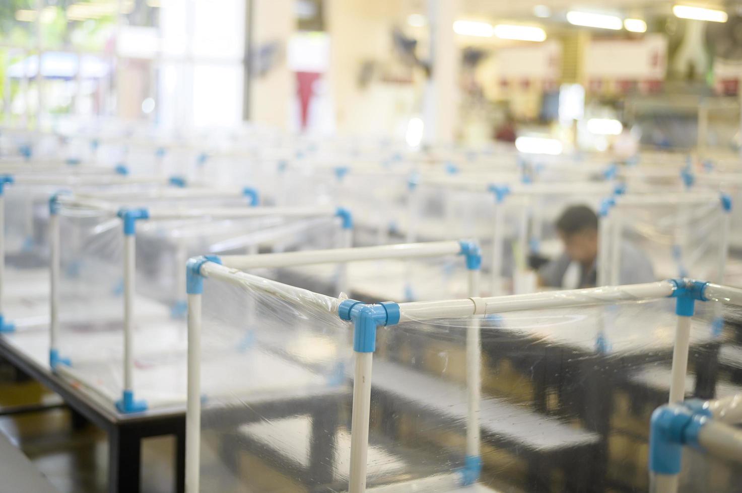 divisor de plástico transparente en la mesa vacía en el patio de comidas para la protección covid-19, nuevo concepto normal de distanciamiento social. foto