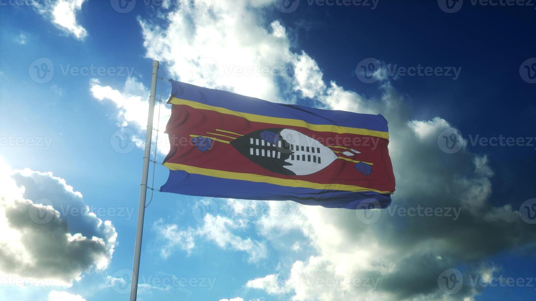 Flag of Eswatini waving at wind against beautiful blue sky. 3d rendering photo