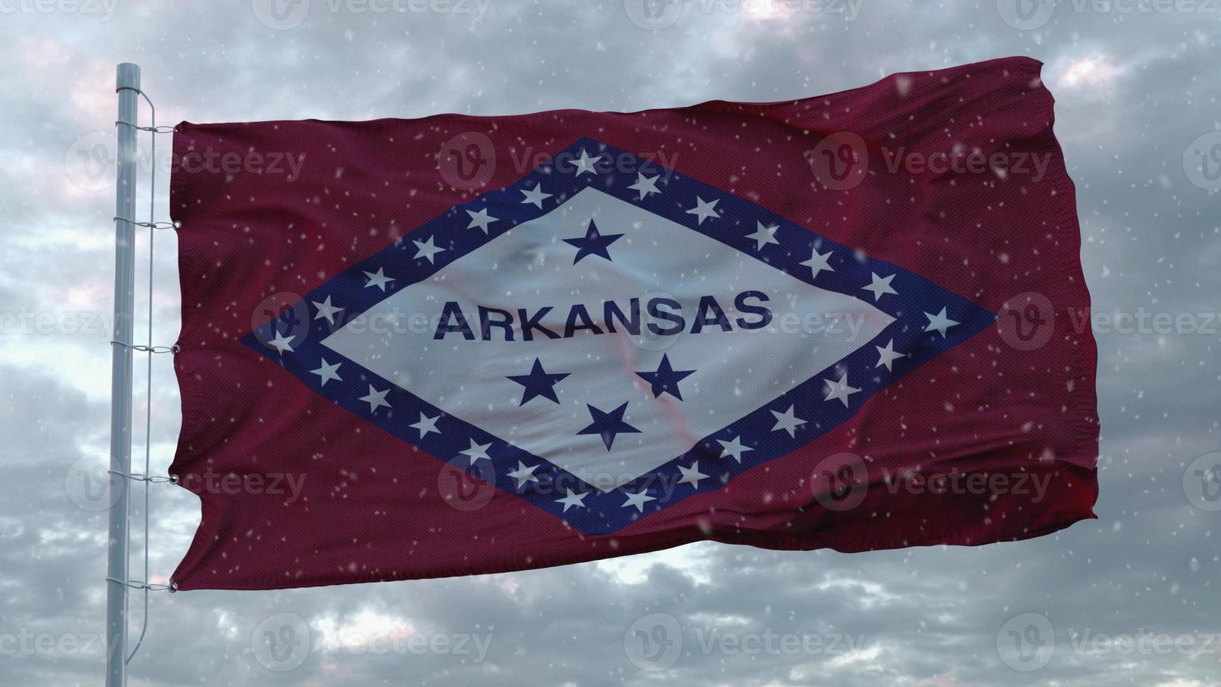 Arkansas winter flag with snowflakes background. United States of America. 3d rendering photo