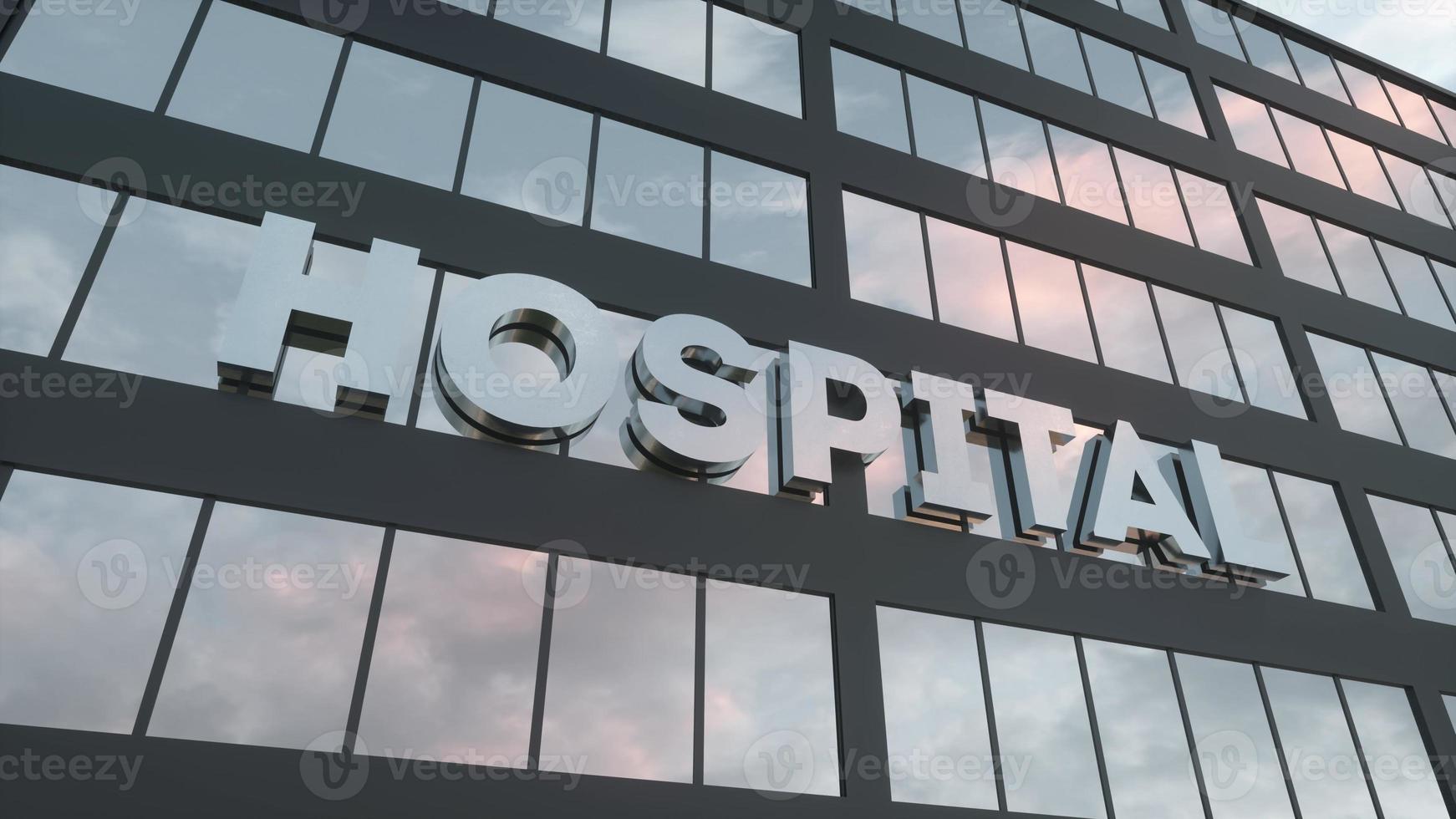 Hospital sign on a modern glass skyscraper. Health, clinic, emergency, healthcare and medical concept. 3d rendering photo