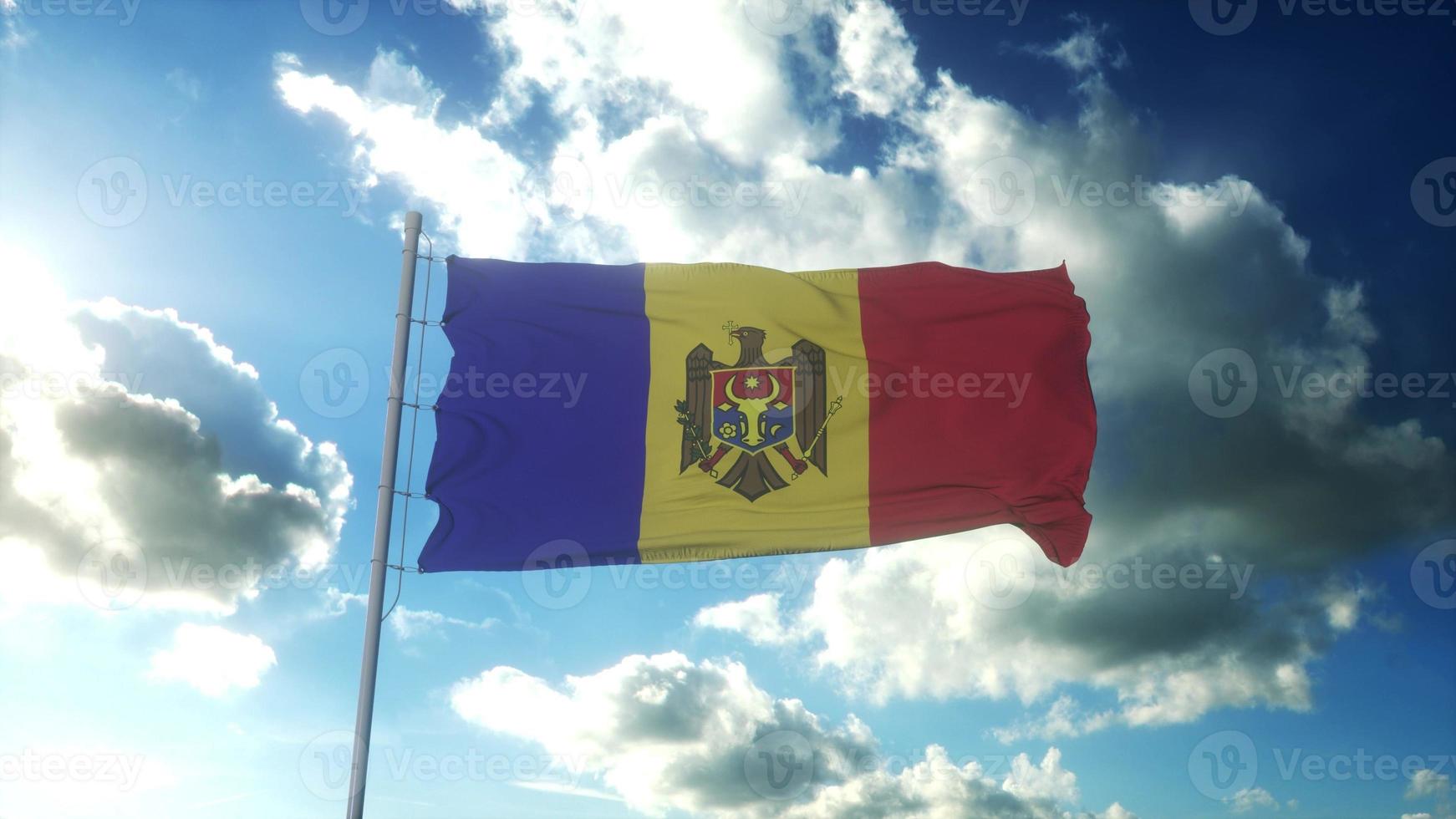 Flag of Moldova waving at wind against beautiful blue sky. 3d rendering photo