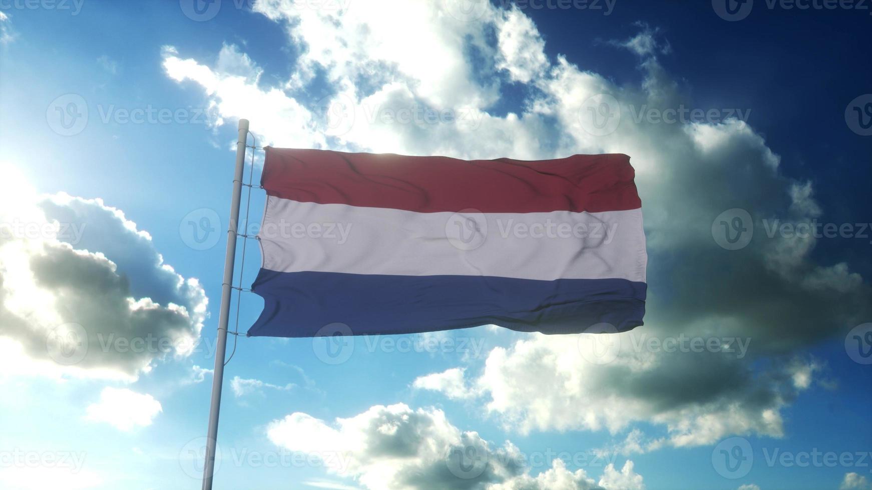 Flag of Netherlands waving at wind against beautiful blue sky. 3d rendering photo