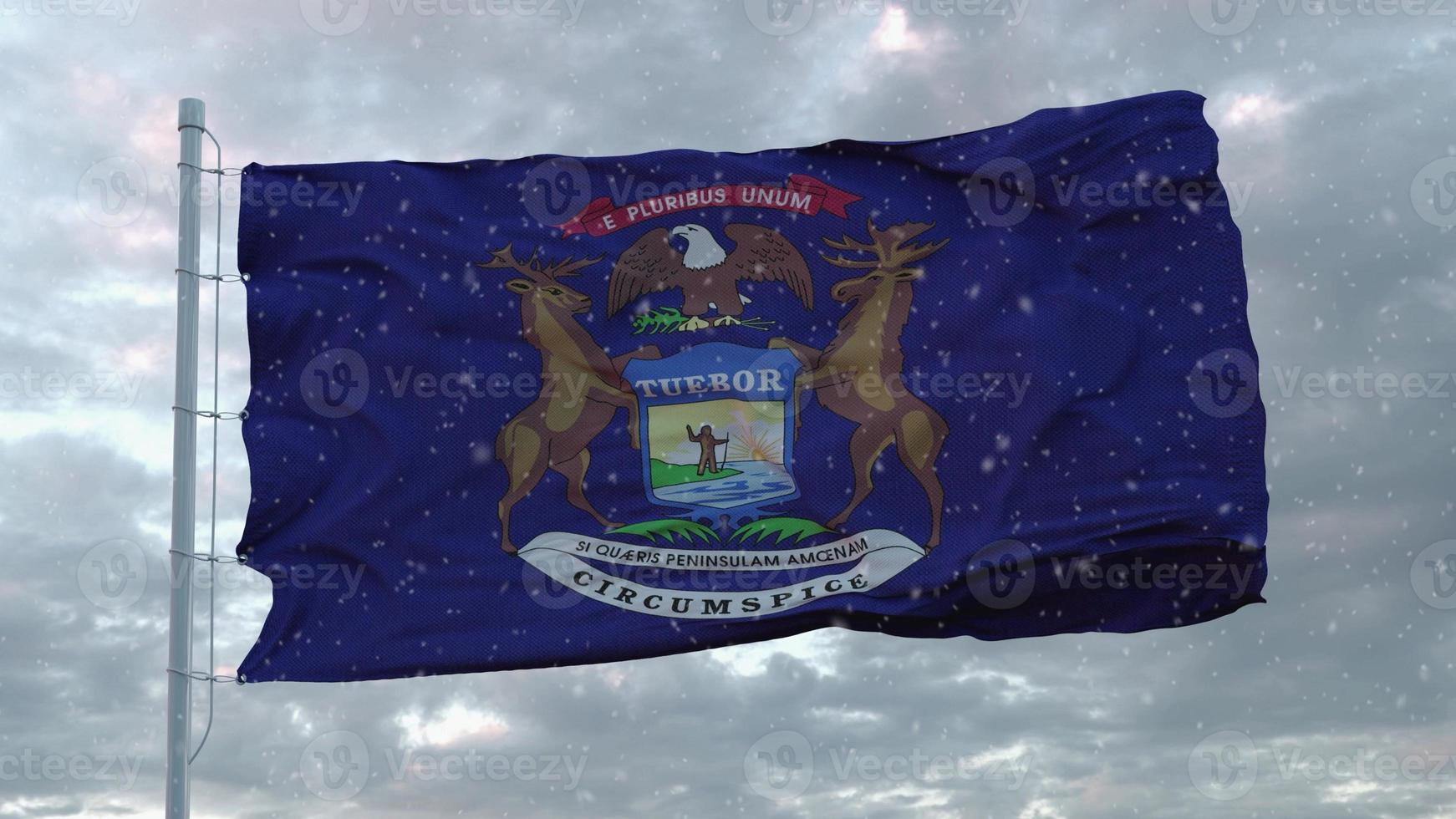 Michigan winter flag with snowflakes background. United States of America. 3d rendering photo