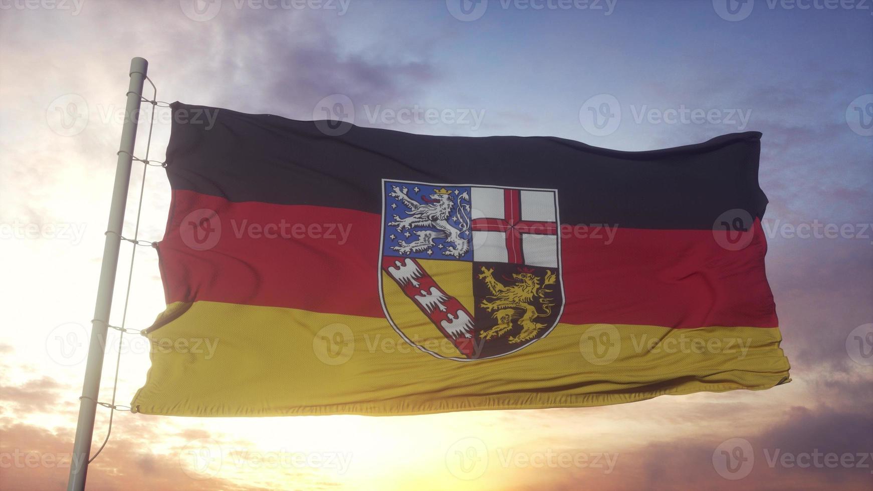 Saarland flag, Germany, waving in the wind, sky and sun background. 3d rendering photo