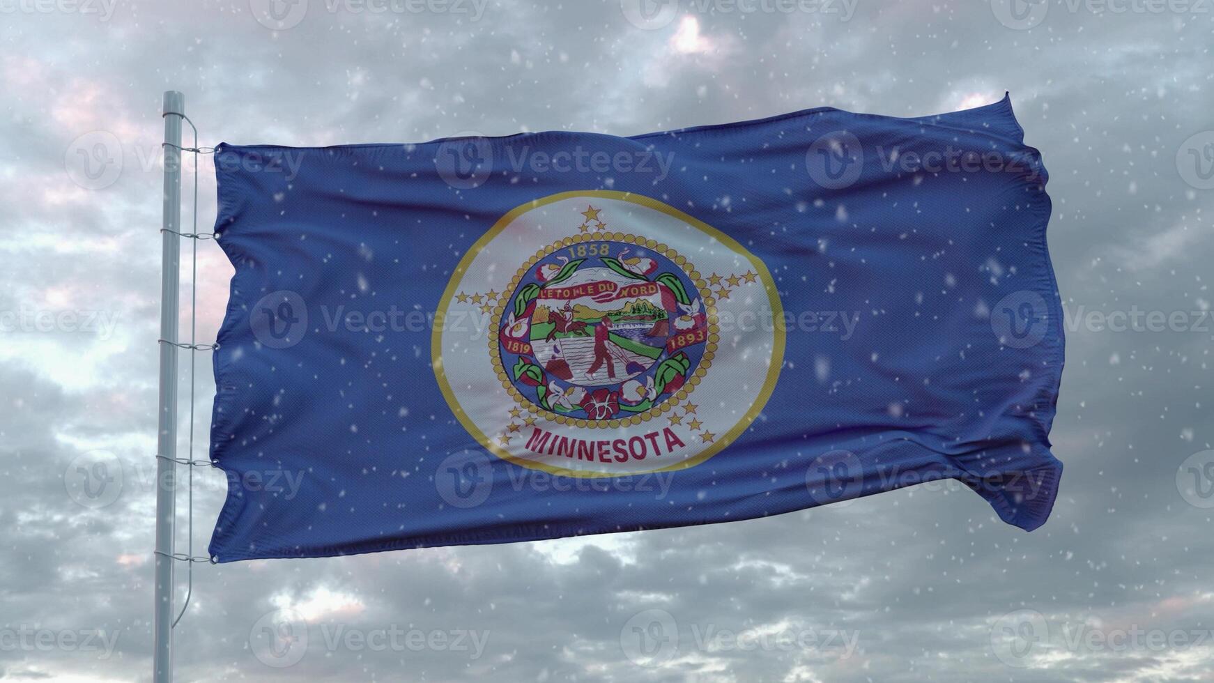 Minnesota winter flag with snowflakes background. United States of America. 3d rendering photo
