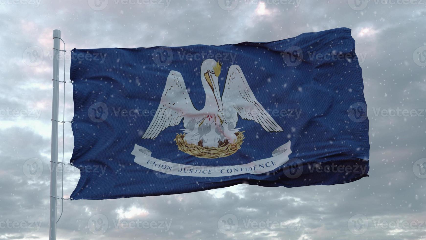 Louisiana winter flag with snowflakes background. United States of America. 3d rendering photo