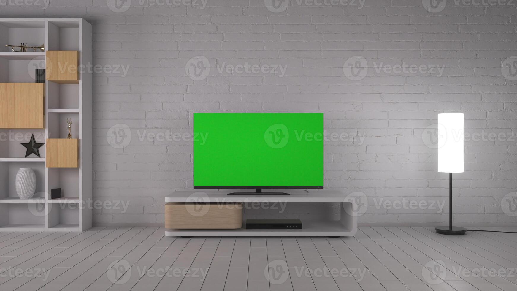 tv con pantalla verde en blanco en el interior de una casa moderna en la sala de estar. sala de estar moderna con televisión. representación 3d foto