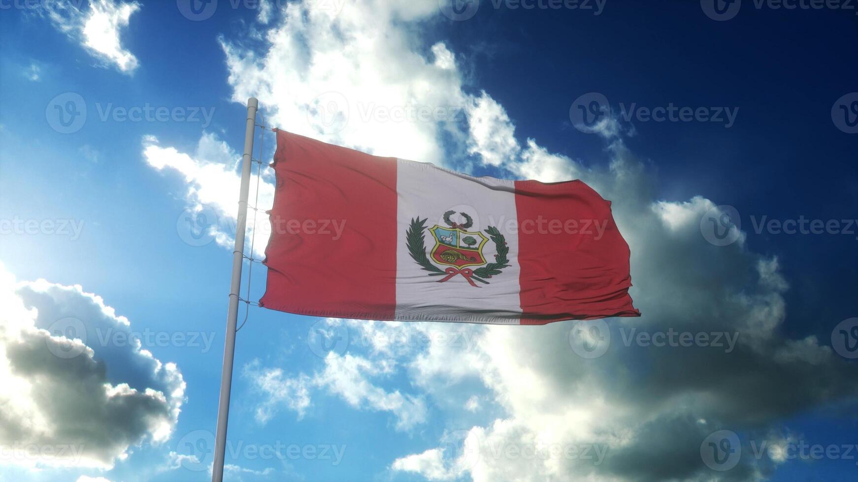 Peruvian flag on a flagpole waving in blue cloudy sky. Peru concept. 3d illustration photo