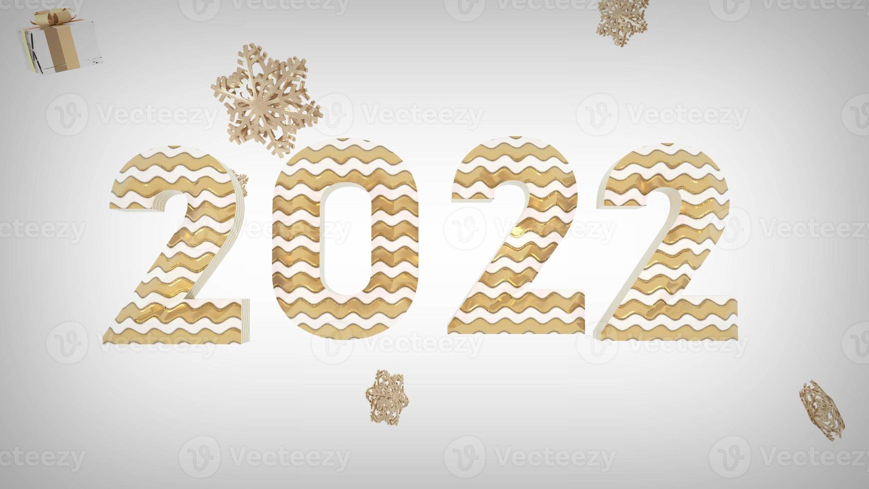 año nuevo y navidad 2021. inscripción de oro 2022 sobre un fondo blanco con cajas de regalo doradas y copos de nieve. representación 3d foto