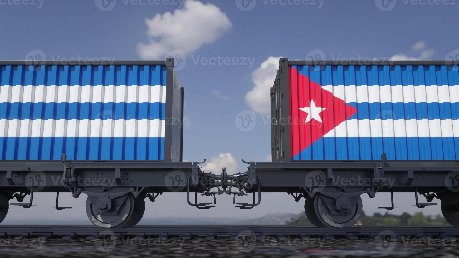 Containers with the flag of Cuba. Railway transportation. 3d illustration photo