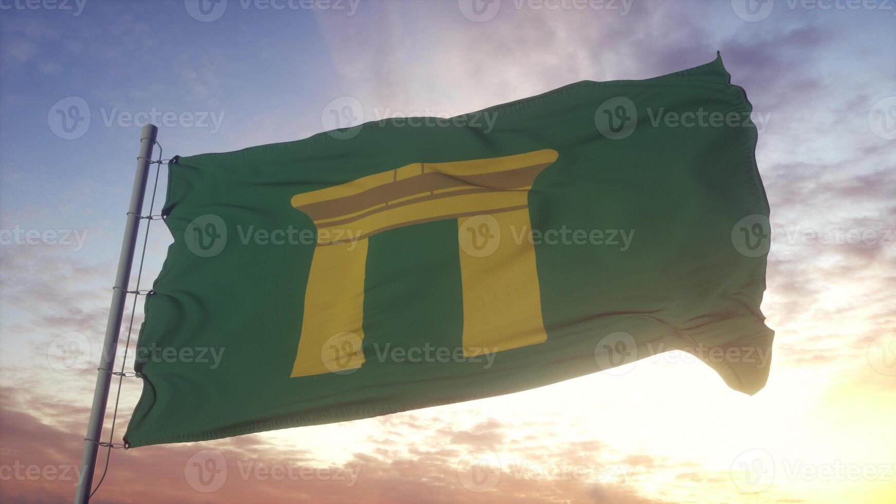 Qena flag, Egypt, waving in the wind, sky and sun background. 3d rendering photo