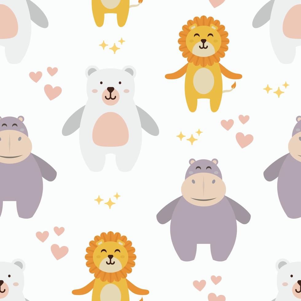 Seamless pattern with bear, lion, and hippo cute illustration vector