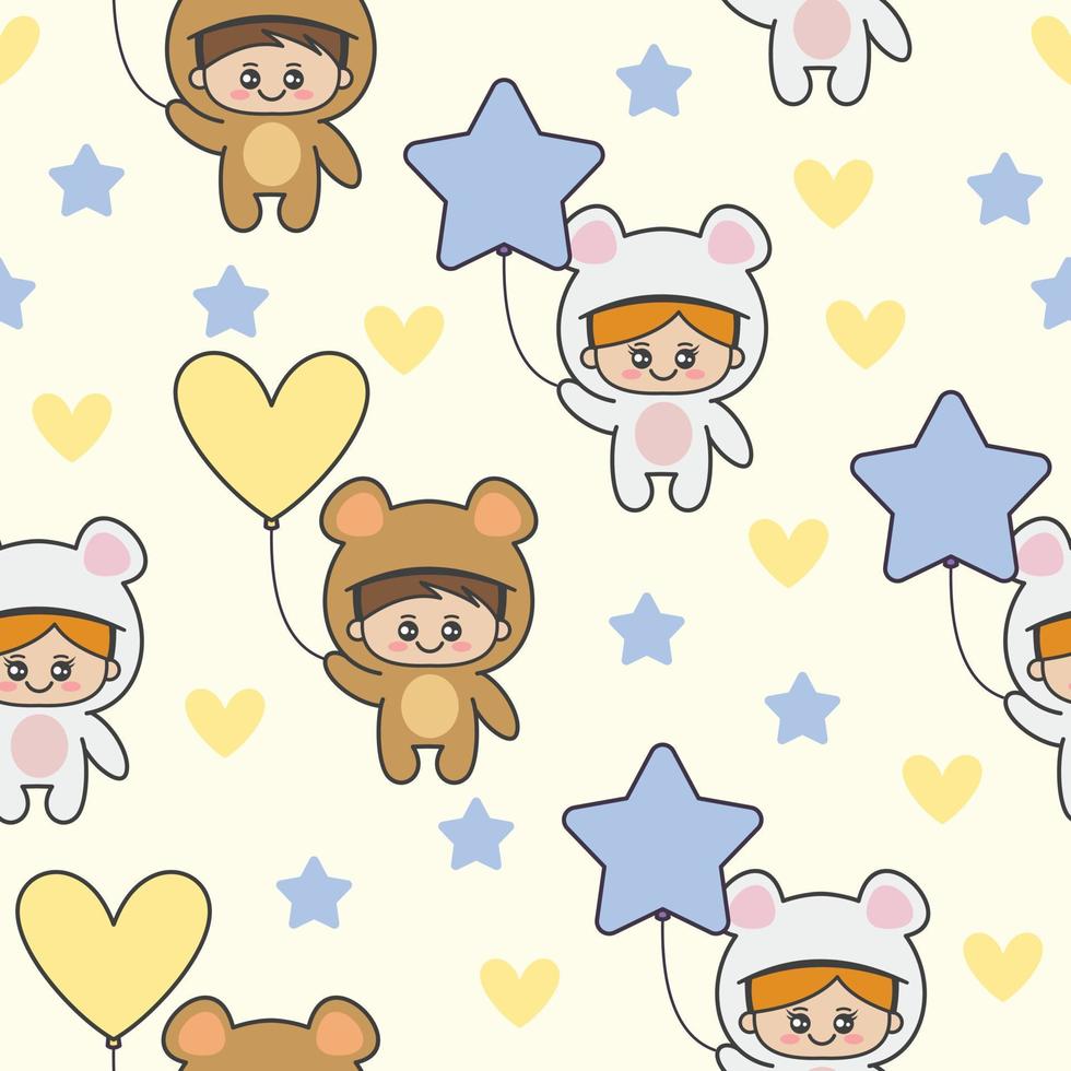 Seamless pattern with cute kids wearing a bear costume vector