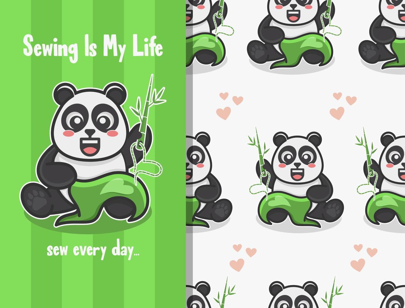 Seamless pattern with cute sewing panda illustration vector