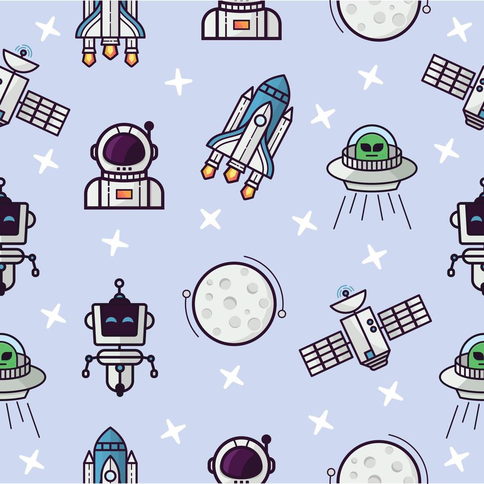 Seamless pattern with space theme. Rocket, astronaut, robot and moon pattern vector