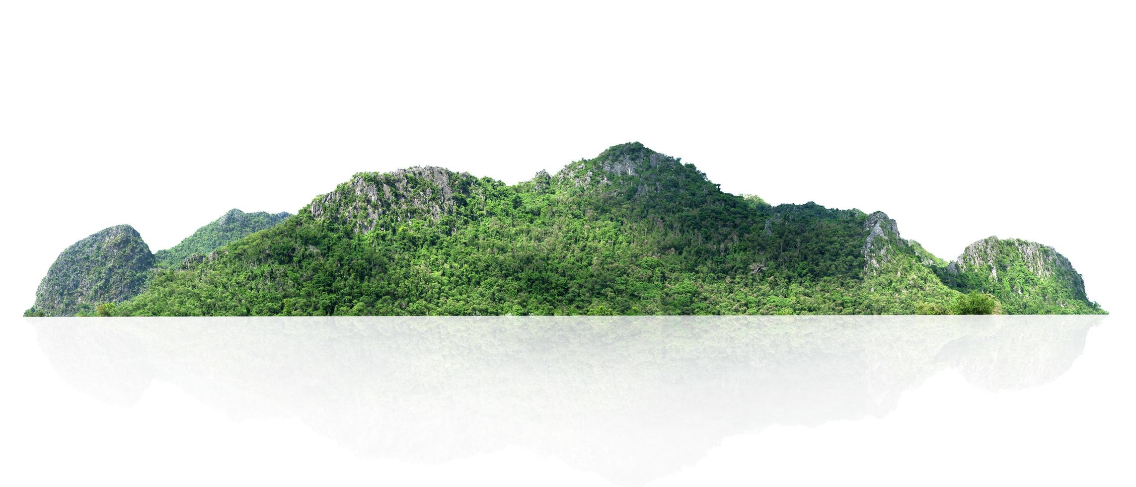 colina de montaña rocosa con bosque verde aislado sobre fondo blanco foto