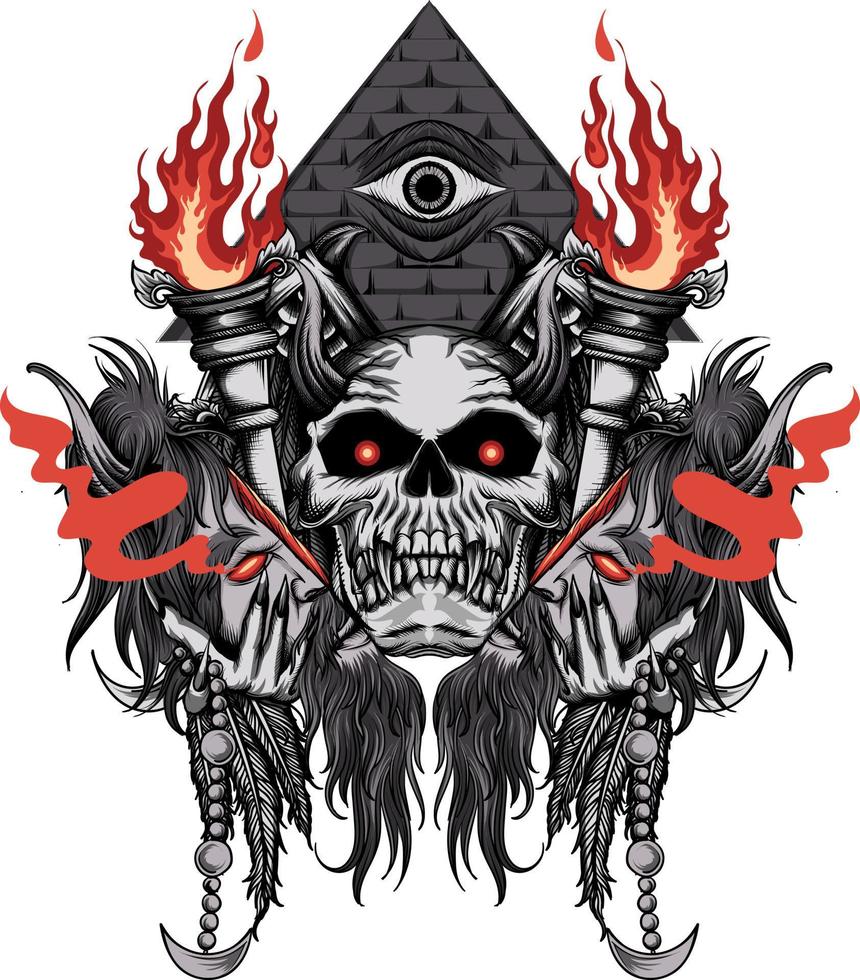 skull with fire torch and split head and has pyramidal eyes at the back of the skull, suitable for printing vector