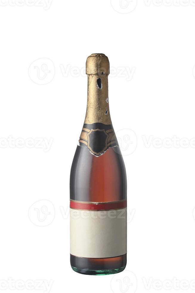 The pink champagne bottles are labeled, torn photo