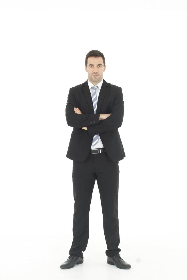 Handsome and smart businessman in black suit isolated on white background. Business and Finance concept. Copy Space photo