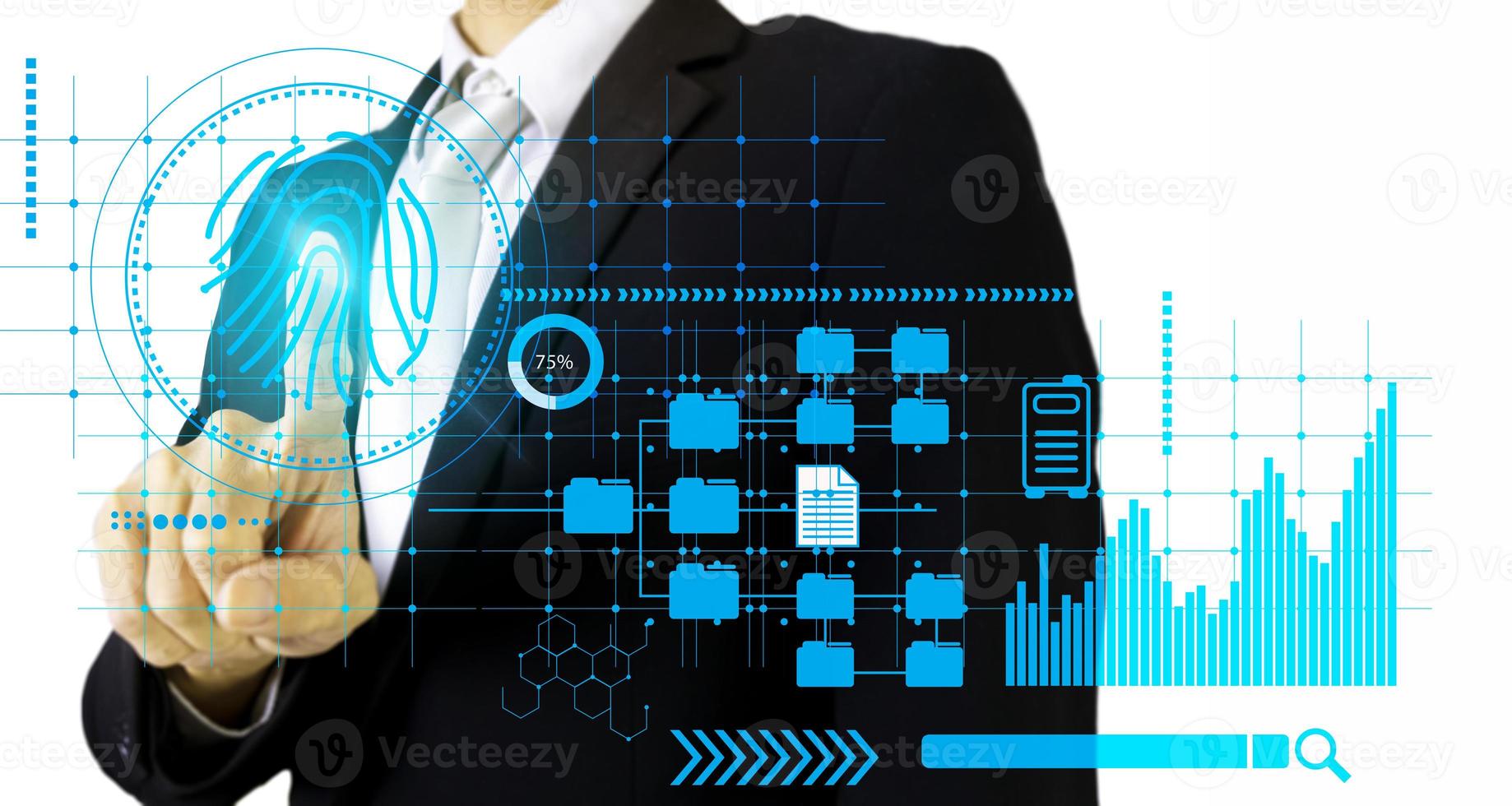 desbloquee el sistema con un escaneo de dedo para acceder a los datos de trabajo. Los empresarios confían en la seguridad de los datos. foto