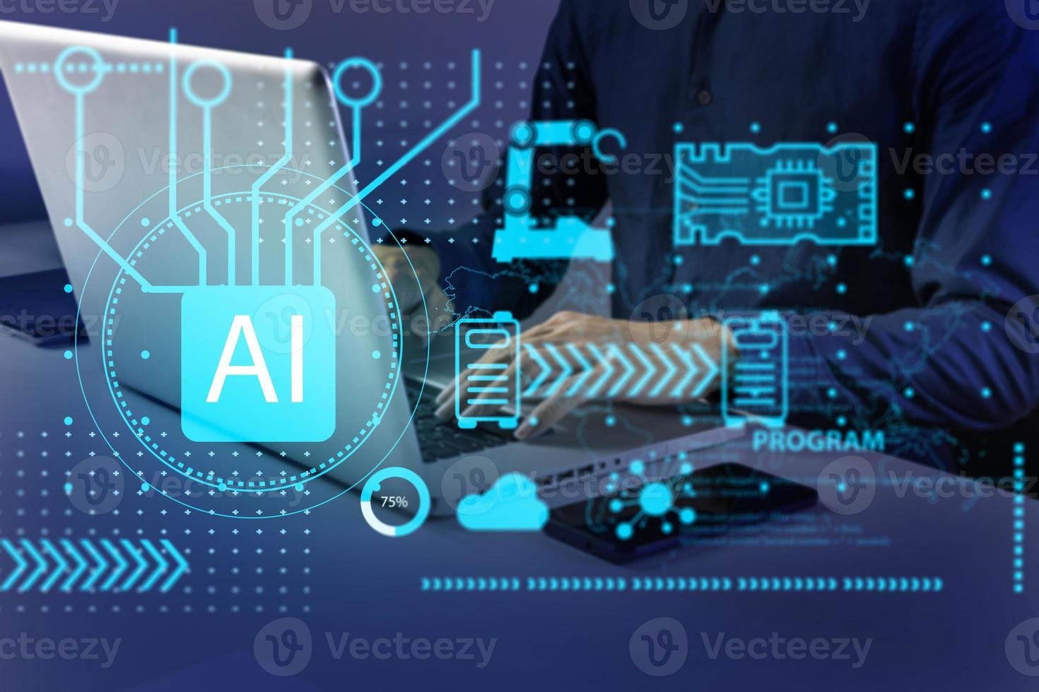 Software engineers work to develop AI systems for work.,Programmers design AI systems to operate various devices. photo