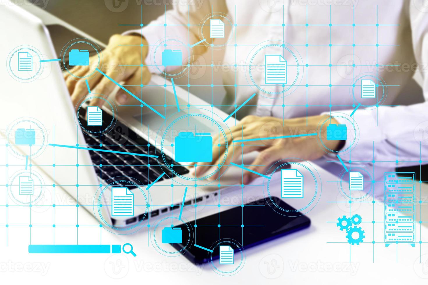 Searching for document information and linking business information.,Collecting and sending data to the server,Businessman managing documents within the company photo