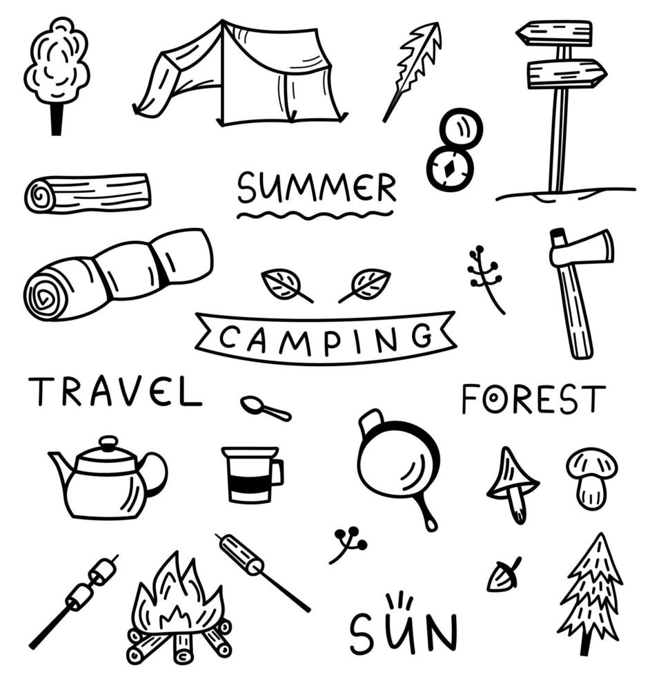 Set of summer doodle isolated icons of summer, beach. vector