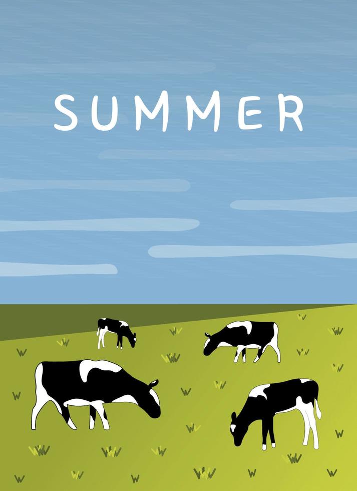 Summer postcard meadow landscape with cows. Summer vector illustration.