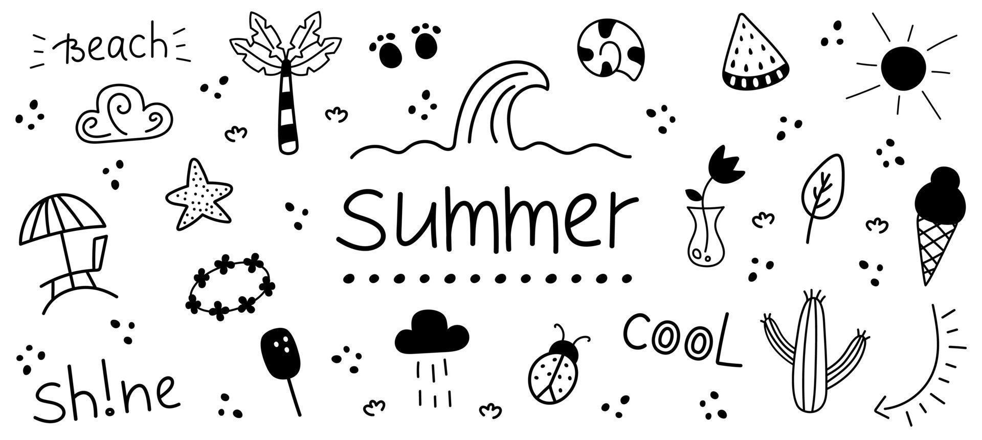 Set of summer doodle elements. Hand drawn isolated icons of summer, beach. vector