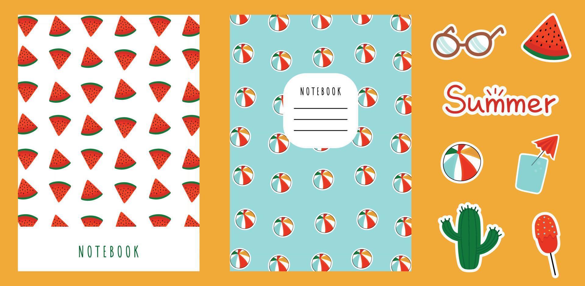 Set of summer covers for notebooks. Title page templates with watermelons and beach balls. Summer isolated vector stickers.