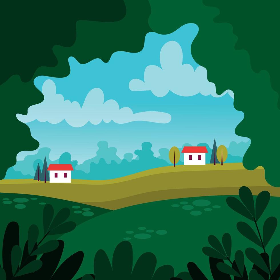 Summer village landscape with cute houses. Flat vector illustration.