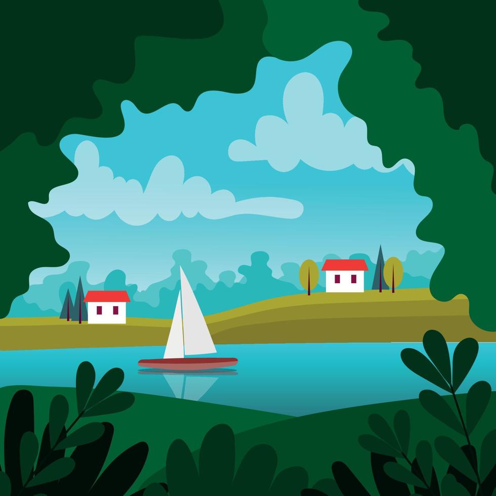 Cute summer landscape with a sailboat and a river. Little houses on the river. Flat vector concept illustration.