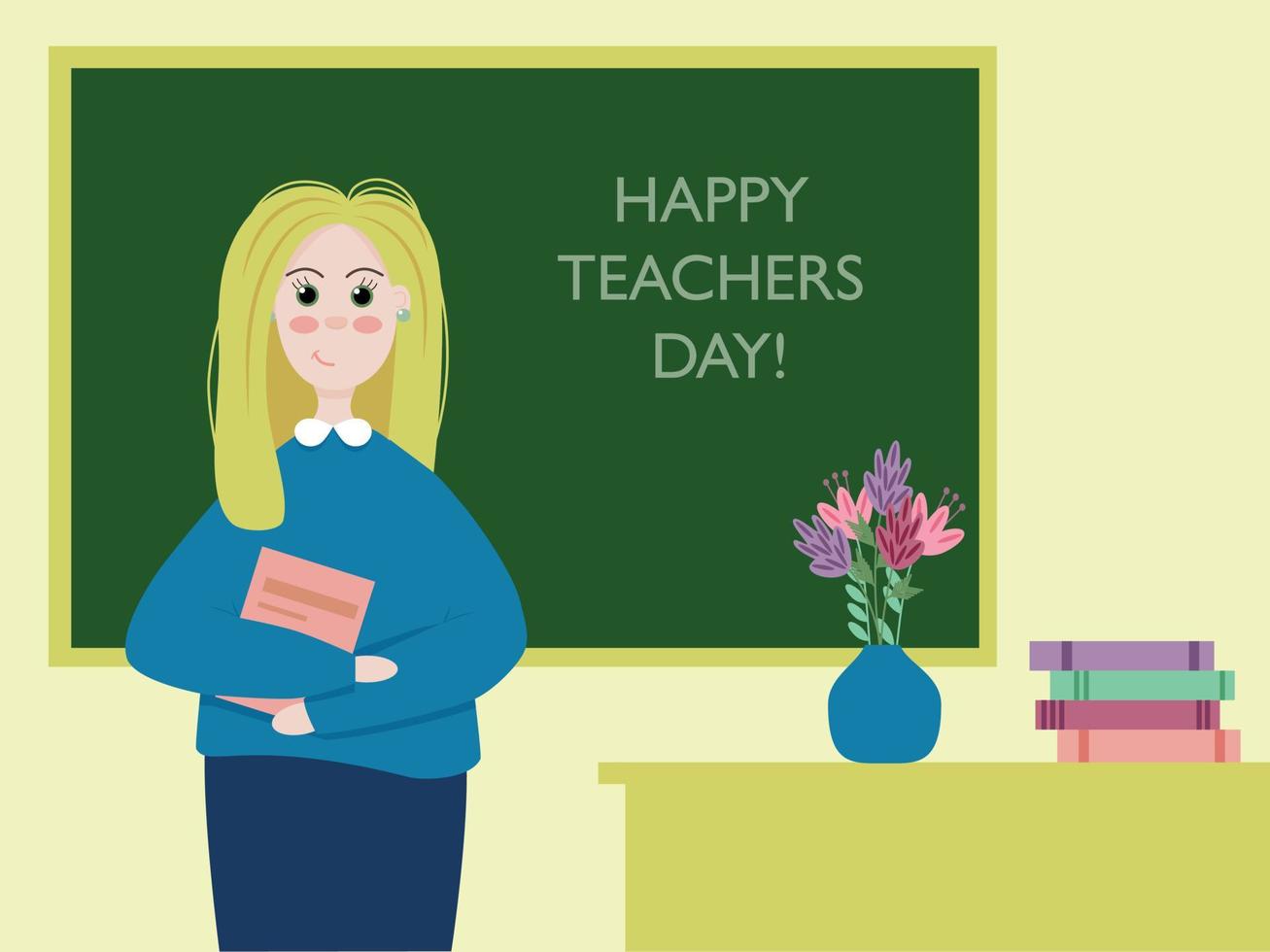 cartel del día del maestro feliz o plantilla de pancarta. mujer maestra en el aula. diseño gráfico simple de color plano vector