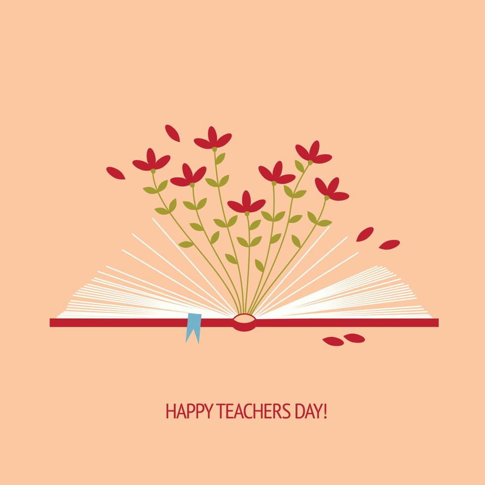 feliz Día del Profesor. tarjeta lacónica. libro abierto con flores. ilustración vectorial plana. vector