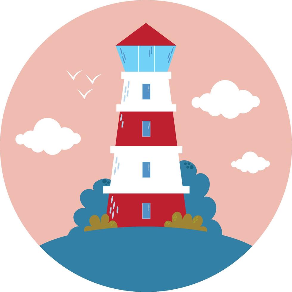 Lighthouse on the island. Vector flat illustration.