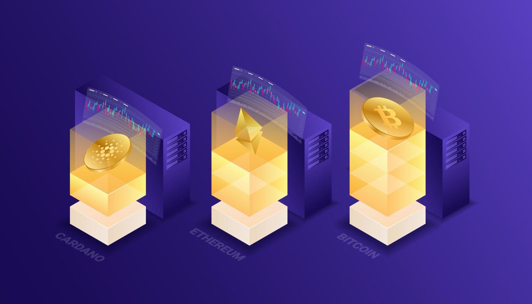 Cryptocurrency, bitcoin, ethereum, cardano, blockchain, mining, technology, internet IoT, security, isometric 3d illustration vector design cpu computer