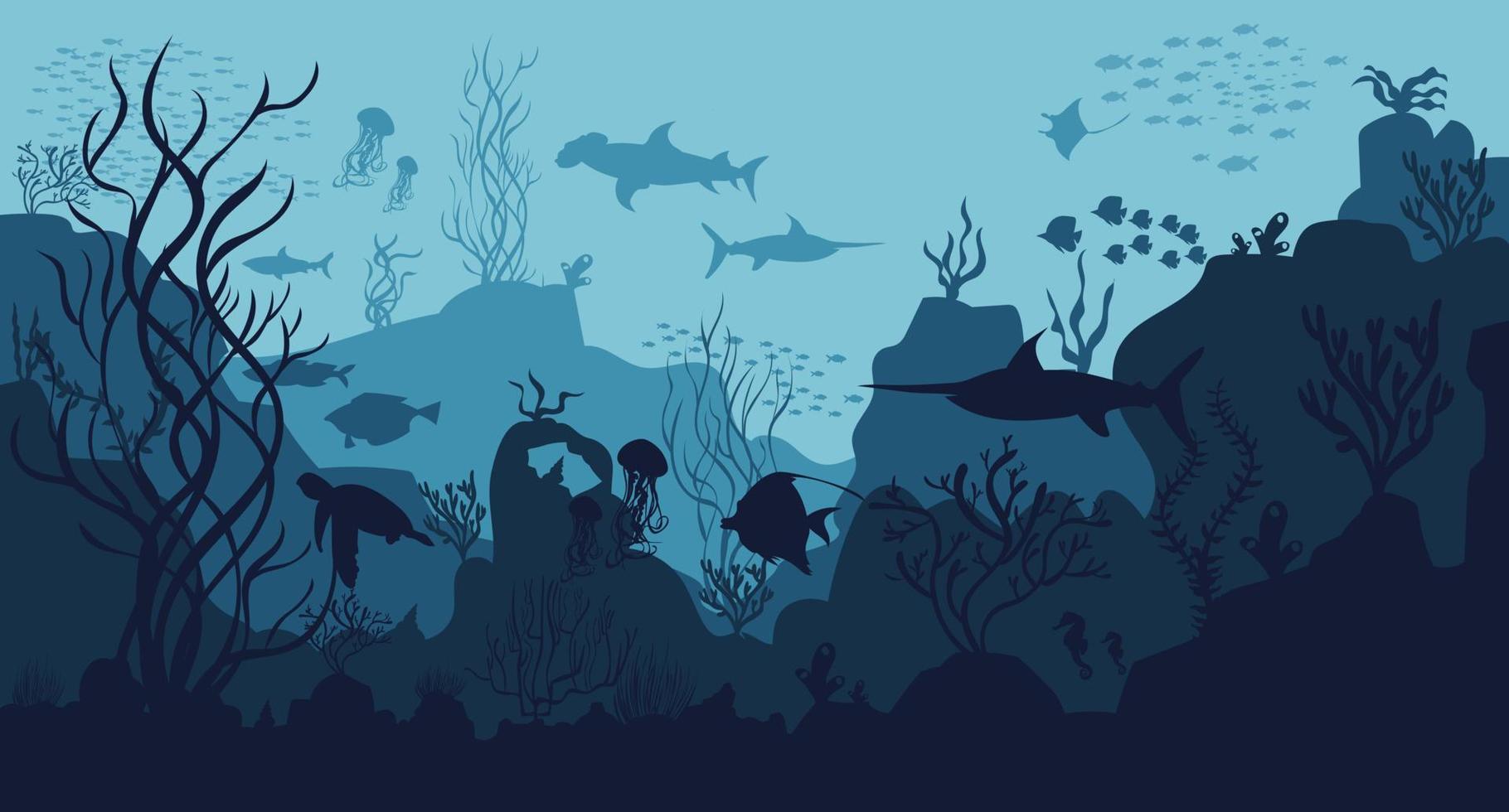 Underwater ocean background. Black silhouettes swimming sea fish with corals and vector plants.