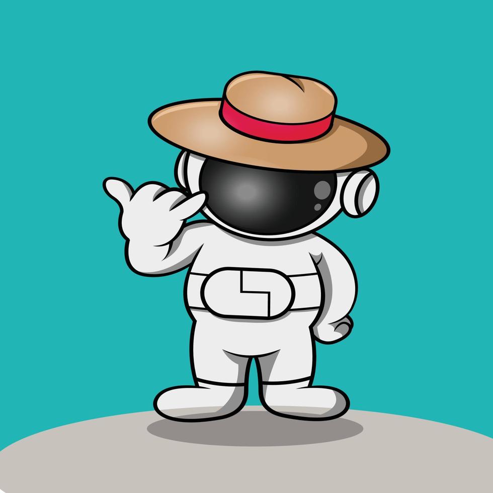 an astronaut in a cute cowboy hat gives a hand gesture vector