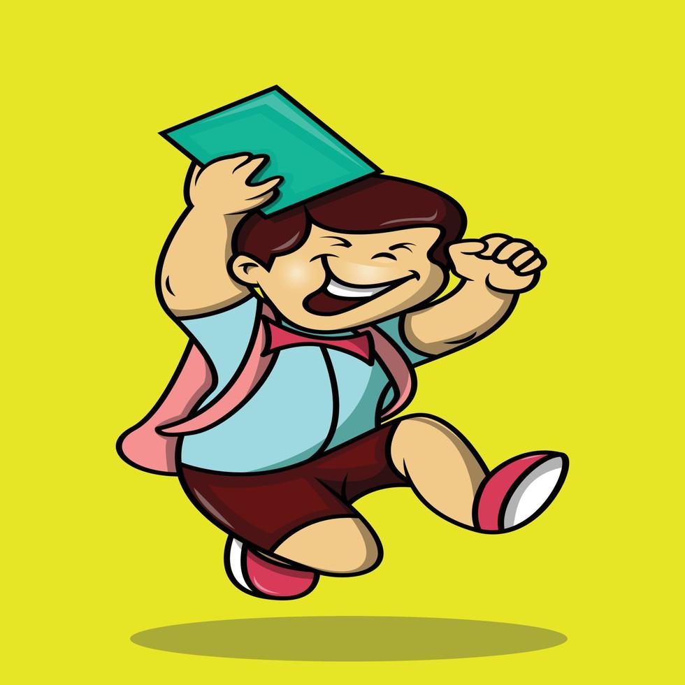 cartoon cute school student jumping happily holding a book back to school vector