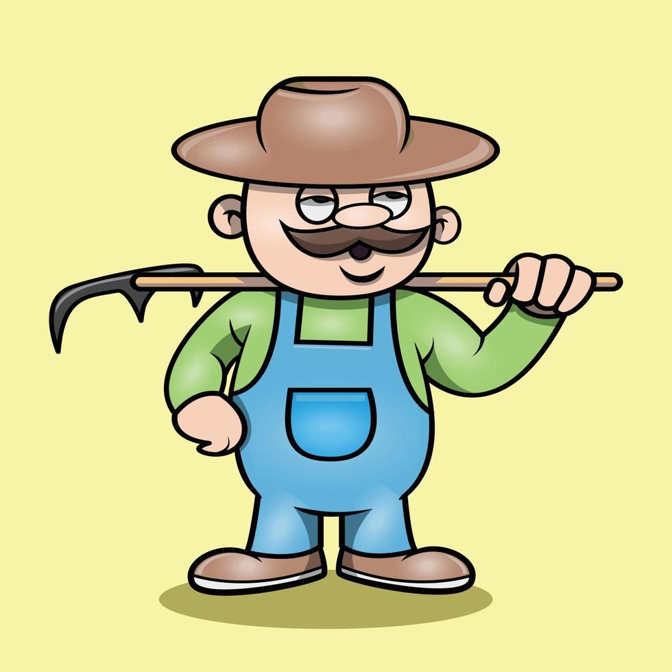 cute farmer holding fork hook on shoulder vector