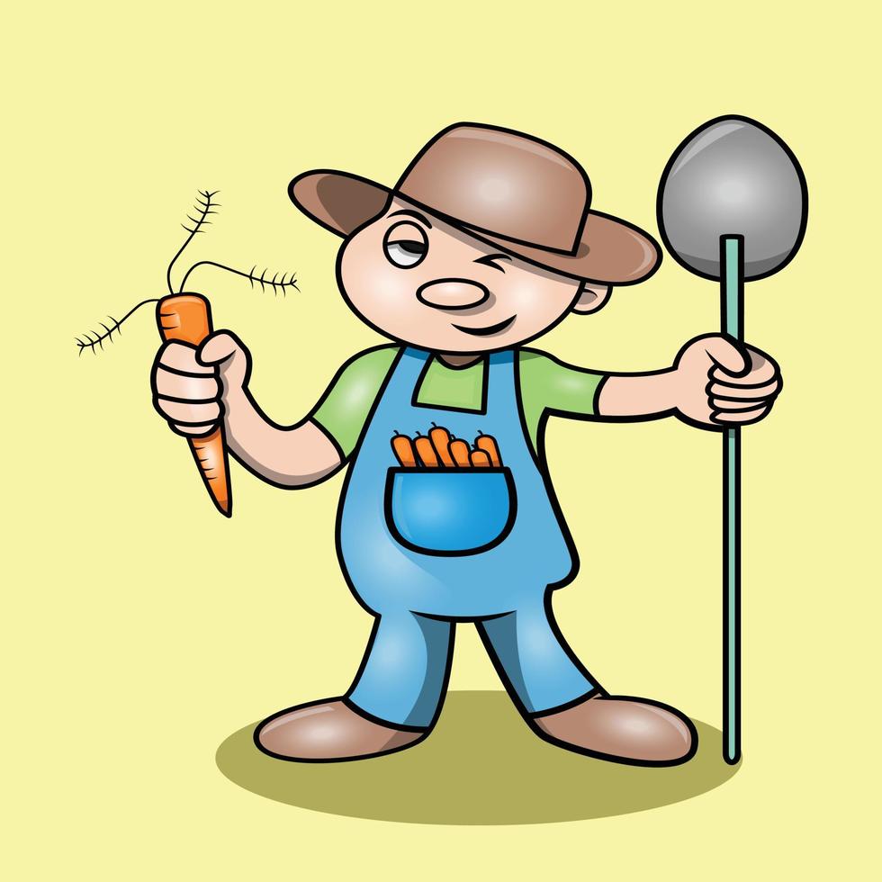 a cute farmer holding a carrot and a shovel vector