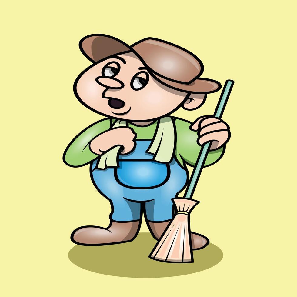 a cute farmer holding a stick broom vector