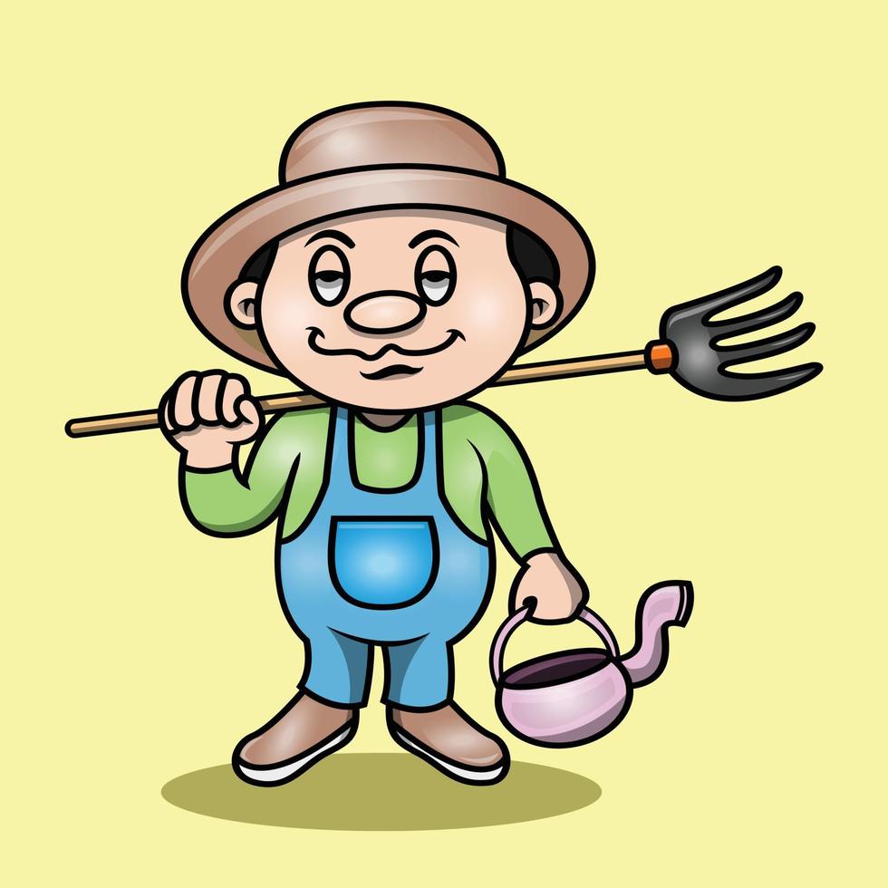 a cute farmer holding a teapot fork to water the plants vector